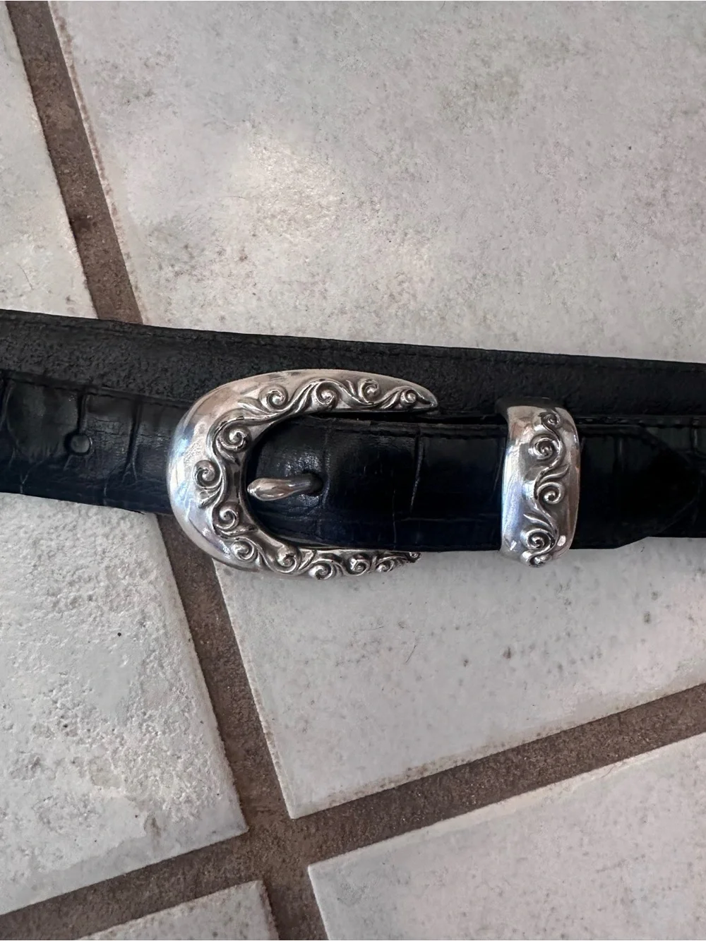 Brighton Vintage Black Leather Belt with Ornate Silver-Tone Buckle
